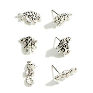 Set of Three Silver Tone Beach Stud Earrings
